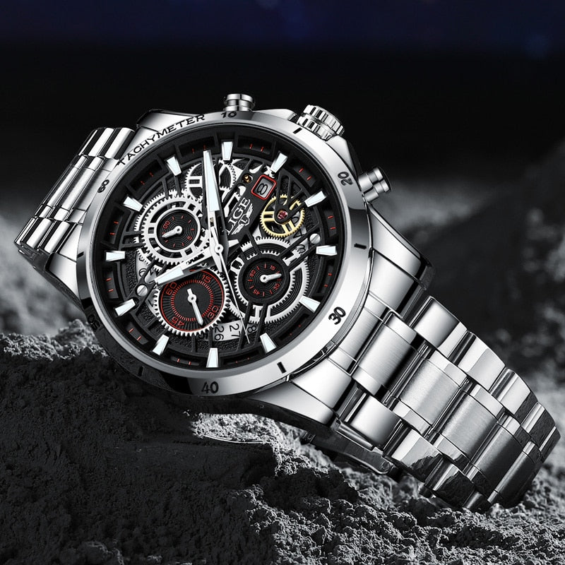 LIGE Skelett Stahl-Uhr - Kühnes und Stylisches Design