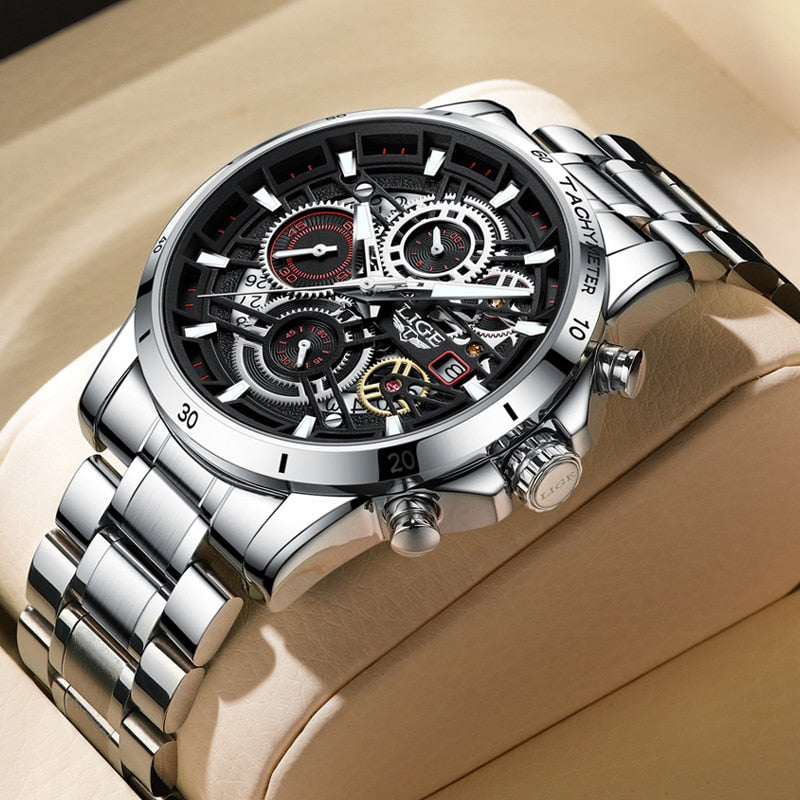 LIGE Skelett Stahl-Uhr - Kühnes und Stylisches Design