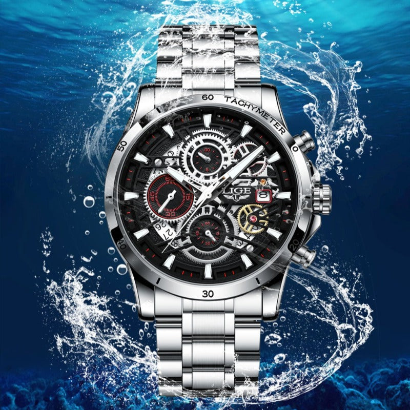 LIGE Skelett Stahl-Uhr - Kühnes und Stylisches Design
