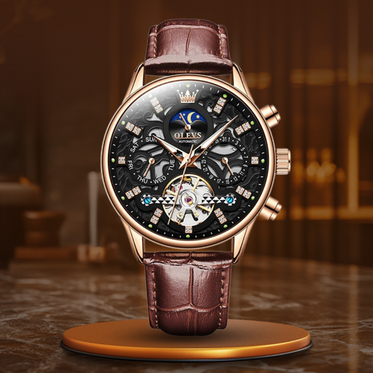 Mechanische Automatik-Uhr mit Lederarmband