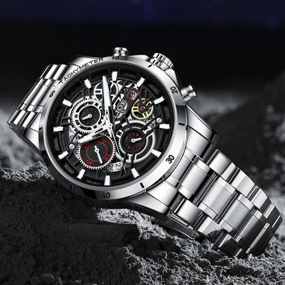 LIGE Skelett Stahl-Uhr - Kühnes und Stylisches Design
