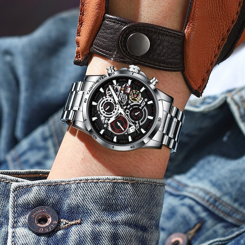 LIGE Skelett Stahl-Uhr - Kühnes und Stylisches Design